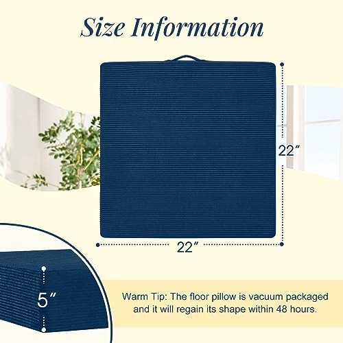 Wellsin Solid Square Floor Pillows for Adults Kids - Large Meditation Floor Pillow Seating Cushion with Thick Foam & Washable Velvet Cover, 1 Pack, 22x22x5 Inch, Dark Blue - color: Navy Blue, size: 1 Pack (22"x22")