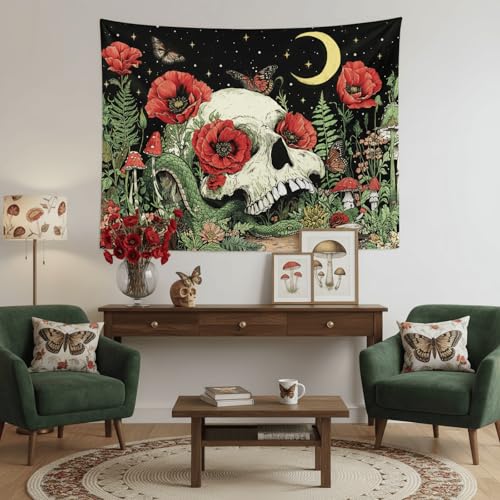 Accnicc Floral Skull Tapestry Vintage Flower Gothic Skeleton Tapestries Wall Hanging Mushroom Butterfly Plant Snake Horror Small Tapestry for Bedroom Living Room Dorm 48 x 36 inch - color: Red Green, size: 48"L x 36"W