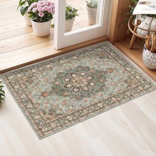 Washable Oriental Area Rug - 2x3 Rugs for Living Room Soft Carpet for Bedroom Waterproof Floral Distressed Indoor Stain Resistant Non-Shedding Floor Carpets (Green, 2x3) - color: Green, size: 2' x 3' (Rectangular)