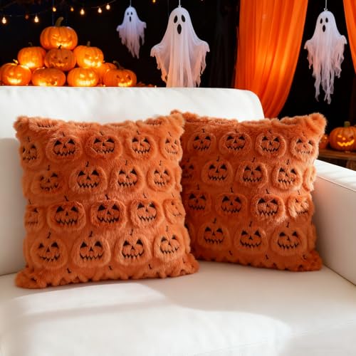 Orange Embroidered Pumpkin Halloween Throw Pillow Covers 18x18 in Set of 2, Tufted Reversible Plush Cushion Covers for Couch Sofa Holiday Decorations - color: Spooky Pumpkin