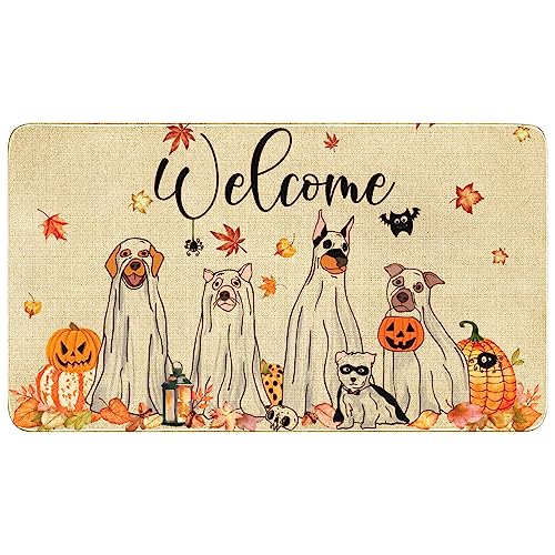 Halloween Fall Door Mat,Halloween Ghost Dogs Pumpkin Outdoor Mats for Front Door,Halloween Indoor Entrance Non-Slip Doormat,Fall Entryway Welcome Rubber Mats for Front Porch Decor 30" x 17" - color: Halloween Ghost Dogs