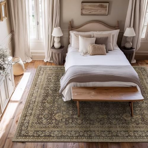 Washable 5x7 Area Rugs for Living Room, Boho Non-Slip Vintage Rugs for Bedroom Dining Room Nursery Office, 0.3" Neutral Oriental Throw Thin Carpet with Cushioning, Red/Brown/Multi, C4 - color: Deep Brown/Multi, size: 5' x 7' (Rectangular)