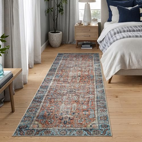 Bloom Rugs Washable Non-Slip 12 ft Runner - Orange/Blue Traditional Runner for Entryway, Hallway, Bathroom, and Kitchen - Exact Size: 2.5' x 12' - color: Orange / Blue, size: 2'6" x 12' (Runner)