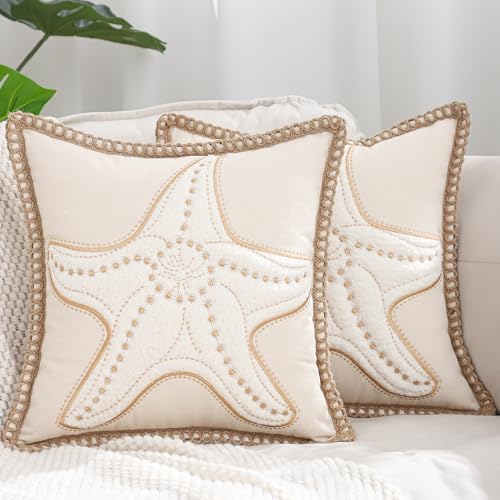 LUOYEHK Tropical Starfish Pillow Covers 18X18 Inch Set of 2 Beige Embroidered Throw Pillow Covers with Jute Rope Summer Decorative Pillowcase Square Cushion Covers for Couch Sofa Bed Home Decor - color: Beige Starfish