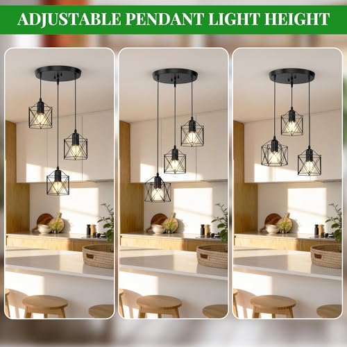 3 Light Pendant Lighting, Farmhouse Hanging Light Fixture for Kitchen Island & Dining Room, Industrial Vintage Ceiling Lamp with E26 Base, Adjustable Height, Matte Black - color: Round Base Metal Pendant - 3-Light (Black)