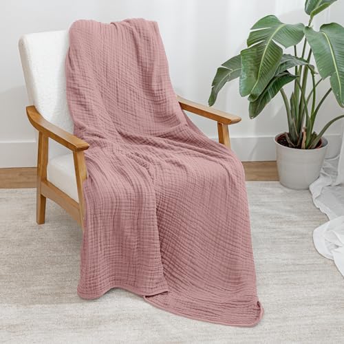 Comfy Cubs Muslin Throw Blanket - 50” x 60” Quilted Design - Lightweight, Breathable 6-Layer Gauze Fabric - Soft Cotton Blanket for Home or Travel - Packaged in Elegant Gift Box - Mauve - color: Mauve, size: Throw - 50" X 60"