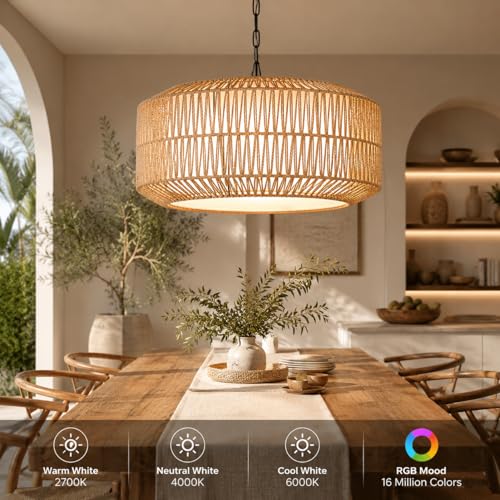Large Handwoven Rattan Pendant Light, Boho Wicker Chandelier for Dining Room & Kitchen Island, Dimmable Hanging Ceiling Lamp with Warm White, Cool White & RGB Ambient Lighting, 21.7"