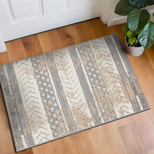 Rugshop Distressed Geometric Indoor/Outdoor Beige Area Rug Modern Tribal Stripe, Durable Stain Resistant Low Profile Perfect for Patio, Backyard, Deck and Outdoor Lounge 2' x 3' - size: 2' x 3' (Rectangular)