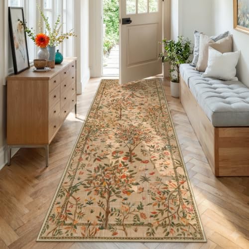 Morebes Boho Floral Runner Rug Non Slip, Washable Flower Long Bathroom Rugs Runner 2x6, Soft Botanical Flower Birds Indoor Throw Carpet for Entryway Hallway Bedroom Laundry Room, Brown - color: Brown, size: 2' x 6' (Rectangular)
