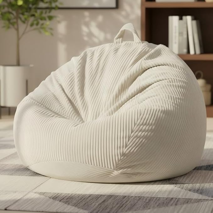 Stuffed Animal Storage Bean Bag Chair Cover, Cover Only (No Filler), Corduroy Toy Organizer Floor Cushion Seat, 48 in/120 cm Slipcover for Teens & Adults, White