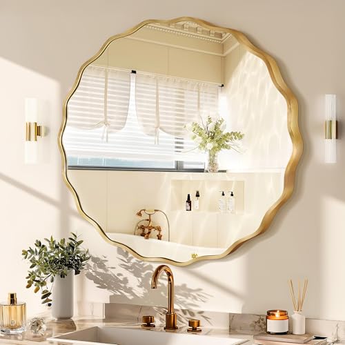 Gold Round Mirror for Wall, 32"x32" Decorative Wavy Bathroom Mirror with Brushed Alloy Steel Frame & Shatter-Proof Glass, Hanging Circle Wall Mirrors for Bathroom, Entryway (Gold, Large) - color: Gold, size: Large