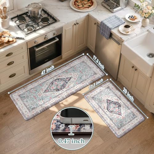 KIMODE Farmhouse Kitchen Mats, Anti Fatigue Kitchen Rugs Sets of 2, Non Slip Paded Kitchen Floor Mats, Blue Boho Laundry Room Rug, Ergonomic Cushioned Comfort Standing Mat for Office, Sink, Desk - color: Multi Blue, size: 17.3" x 47 "+ 17.3" x 29 "--0.47