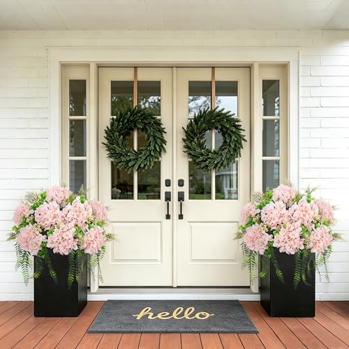 Ammyoo Artificial Hydrangea Flowers Silk Pink Fake Flower with Eucalyptus for Outdoor Decorations UV Resistant Realistic Faux Plants for Garden Porch Window Box Indoor Bathroom Dining Table Decor - color: Light Pink