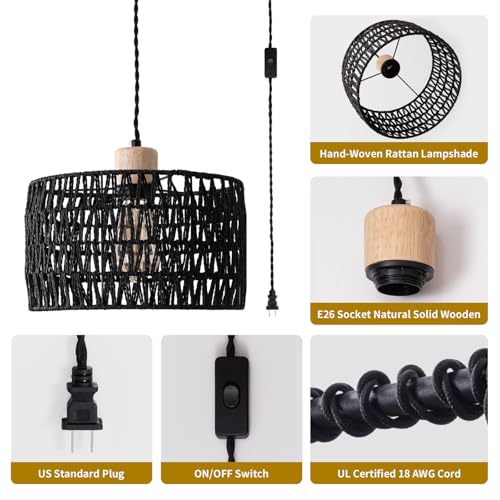 Plug in Pendant Light with Hand Woven Rattan Lampshade, Hanging Lamp with 15 FT Rope Cord On/Off Switch, Boho Pendant Light Fixture for Living Room Bedroom Kitchen Island Dinning Table - color: Black