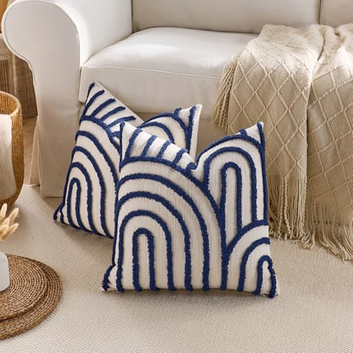 vctops Boho Throw Pillow Covers Set of 2, Modern Mid Century Arched Tufted Decorative Cushion Cover Farmhouse Rustic Geometric Textured Pillowcases for Sofa Bed Living Room (Yellow,18"x18") - color: Blue