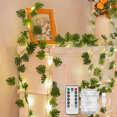 suddus Vines with Fairy Lights Battery & USB Powered Operated, 33ft 100 LED Monstera Leaves String Lights with Remote, Artificial Plants for Indoor, Bedroom, Wall, Party Tropical Decor(Warm White) - color: Monstera, size: 100 LED-Battery-Copper