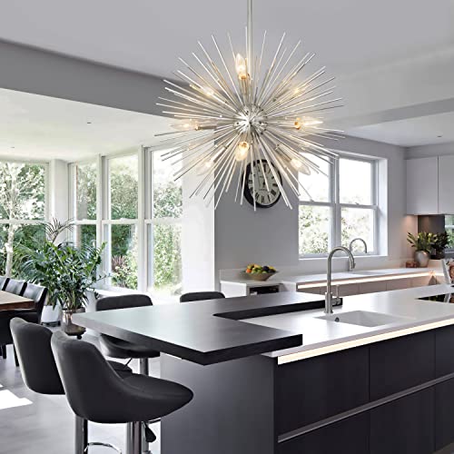 20" Modern Nickel Sputnik Chandelier 9-Lights Mid-Century Modern Starburst Chandelier Vintage Chrome Solid Metal Sputnik Chandeliers for Dining Room, Living Room, Bedroom, Kitchen, E12 - color: Nickel 20" 9-Light