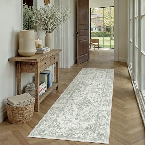 PureCozy Sage Green 2x6 Runner Rug for Hallway Washable Vintage Floral Medallion Soft Long Carpet Low Pile Non Slip Distressed Indoor Doormat for Kitchen Laundry Dining Living Room - color: Sage Green, size: 2' x 6' (Runner)