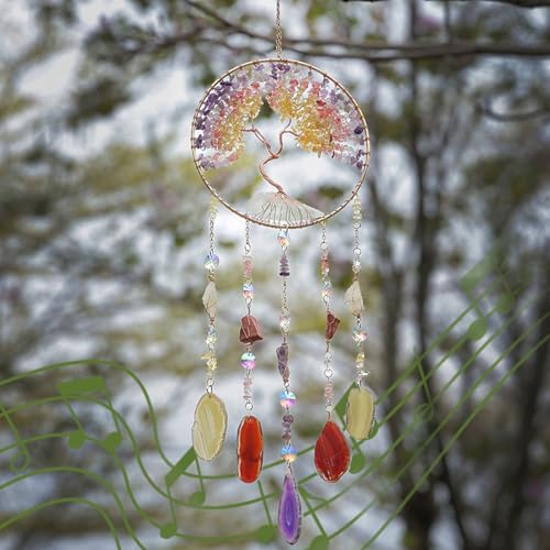 Agate Moon Dream Catchers with Crystal Color Gemstone Dream Catchers Natural Tree of Life Gem Agate Wall Hangings Room Garden Dreamcatchers Decor (Color) - color: Dusk