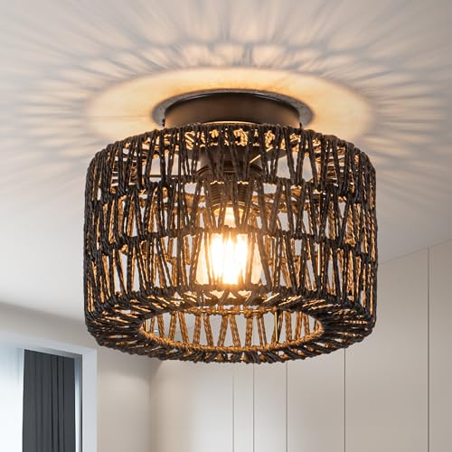 Rpzloila Rattan Ceiling Light, 1 Light Farmhouse Woven Flush Mount Ceiling Light, Boho Light Fixture for Bedroom Living Room Hallway Entryway, Black Finish - color: Black, size: 1-Light-Round