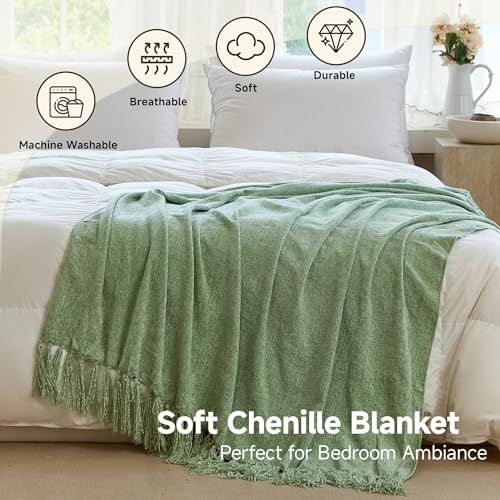 Simple&Opulence Soft Chenille Throw Blanket 50'' x 60'' - Cozy Fluffy Blanket with Fringe Tassel, Farmhouse Boho Blankets for Couch Bed Office Chair Gift Home Decor All Season Use,Sage Green - color: Sage Green