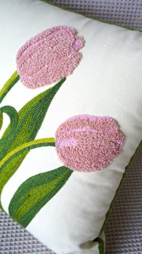 vctops Farmhouse Tulip Cotton Tufted Throw Pillow Cover Spring Floral Embroidery Pillowcase Soft Square Cushion Case for Sofa Couch Bed Chair (Pink,18"x18") - color: Pink