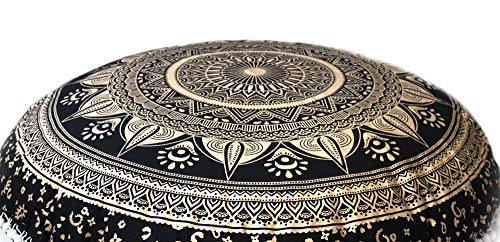 Mandala Barmeri Large Floor Pillow Cover Cushion Meditation Seating Ottoman Throw Cover Hippie Decorative Zipped Bohemian Pouf Ottoman Poufs, Pom Pom Pillow Cases Black Gold Trishol, 32 inch Round - color: Orange Gold, size: 32" Round