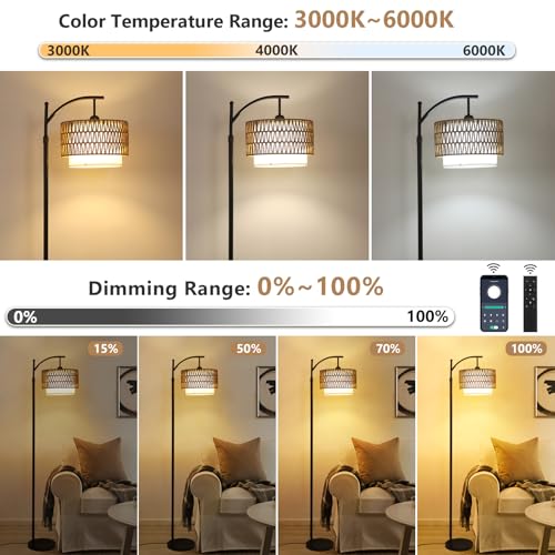 Arc Floor Lamp for Living Room with 3 Color Temperatures, Farmhouse Floor Lamps with Remote & Dimmable Bulb, Boho Standing Lamp with Rattan & Fabric Shades, Adjustable Tall Lamp for Bedroom, Office - style: Rustic