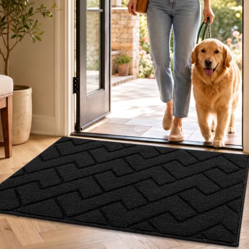 hicorfe Indoor Doormat,Welcome Door Mat TPR Backing Non Slip Mats 20"x32" Absorbent Resist Dirt Entrance Doormat Inside Floor for Entryway Washable Low-Profile (Black) - color: Black, size: 32" x 20" (Rectangular)