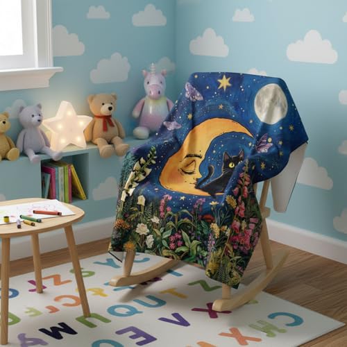 Neasow Black Cat Moon Throw Blanket, Whimsical Colorful Floral Starry Night Wildflower Garden Flannel Blanket, Super Soft for Couch Dorm Sofa Room, Unique Gift for Cat Lovers, 50×60 inch - color: Cat on Moon, size: 60"L x 50"W