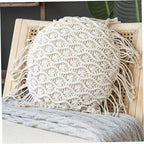 Hand Woven Pillowcase Round Shape Pillow Cover with Tassel Macrame for Bed Couch Car Home Decor Cream, Macrame Pillow Cover