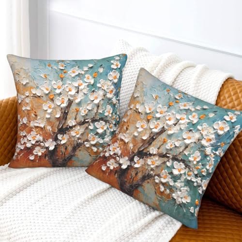 Blossom Painting Decorative Throw Pillow Covers 18 x 18 Set of 2 White Flowers Outdoor Home Decor Tree Painting Couch Cushion Case - color: Blossom Painting, size: 18" x 18" (Pack of 1)