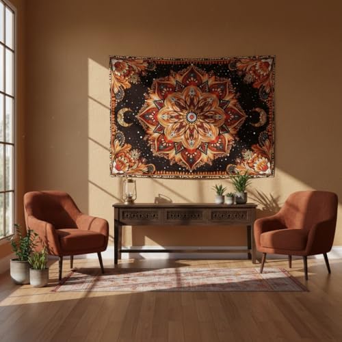 Accnicc Mandala Floral Tapestry Wall Hanging Boho Orange Red Tapestry Aesthetic Hippie Vintage Bohemian Flower Celestial Indian Cute Small Tapestries for Bedroom Living Room Dorm Decor 48 x 36 Inch - color: Burnt Orange, size: 48"L x 36"W