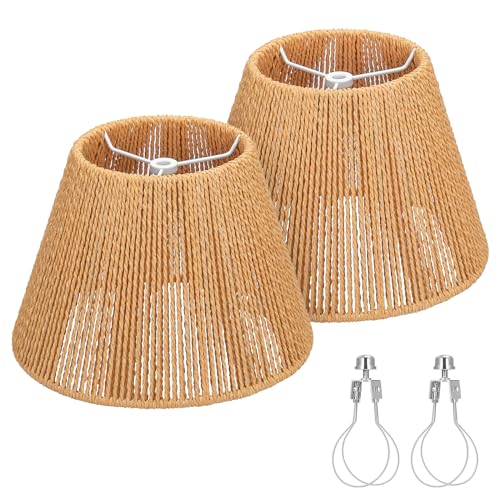 Small Rattan Lamp Shades Set of 2, Boho Lamp Shades for Table Lamps, 5.5" Top x 10" Bottom x 6.6" High, Wicker Lampshade Replacement for Bedroom, Hand Woven, Spider, Bulb Clip Adapters Included - color: Brown Rattan