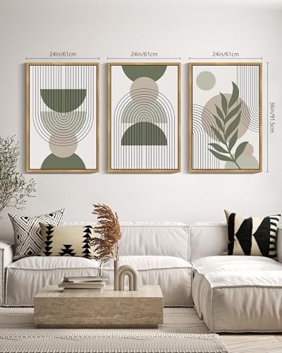 Drsoum 24x36in Large Boho Wall Art Green Sage Decor Framed Wood Modern Bohemian Abstract Geometry Canvas Prints Ready to Hang for Bedroom - color: green boho decor, Natural Framed, size: 24" x 36"