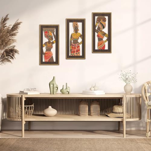 KAIRNE African American Wall Sign,Southwestern Orange Wooden Wall Art,Set of 3(8”X16”) Framed,Black Women Wood Bohemian Hanging Decor,Boho African Tribe Artwork for Living Room Bedroom Decor - color: African, size: 8"L x 16"W