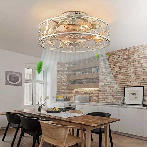 20" Caged Ceiling Fans with Lights and Remote, Bladeless Ceiling Fan 6 Speed Reversible with 4 Bulbs and Remote Control,Flush Mount Caged Ceiling Fan for Bedroom, Living Room, (Include Bulbs) - color: White brushed gold(with light bulb)