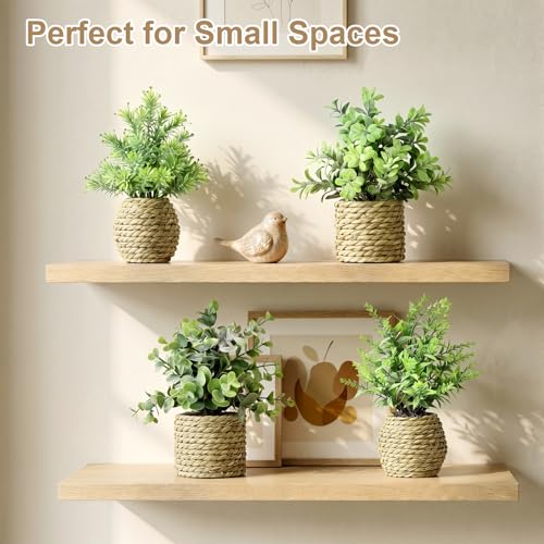 Small Fake Potted Plants: 9 Inches Artificial Plants with Seagrass Handwoven Planters, Indoor Farmhouse Decorations, Eucalyptus Plant for Home Bathroom Office Shelf Tabletop Desk Room Decor