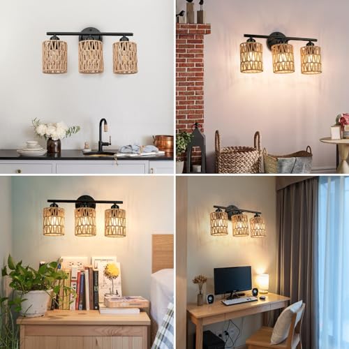 Frideko 3-Light Bathroom Vanity Light Fixtures, Modern Rattan Bathroom Lighting Fixtures Over Mirror, Boho Wall Sconces with Woven Lampshade, Black Wall Lamp for Farmhouse Living Room Bedroom