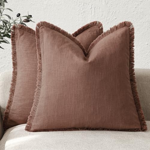 Foindtower Set of 2 Decorative Linen Fringe Throw Pillow Covers Boho Farmhouse Cushion Cover with Tassels Accent Pillowcase for Couch Chair Sofa Bed Living Room Home Decor,16×16 Inch,Rust Red - color: Autumn Glaze, size: 16" x 16" (Pack of 2)
