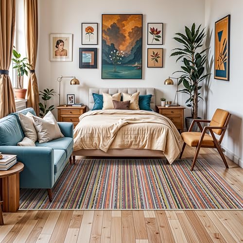 HILORUUG 4x10 Rug Washable Living Room: Non-Slip Southwestern Striped Runner for Kitchen Hallway Entry - Farmhouse Low Pile Stain Resistant Long Thin Floor Carpet 4x10 Red/Blue/Multi - color: Multi Color, size: 4x10