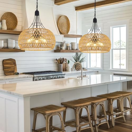20" Rattan Farmhouse Chandeliers for Dining Room, 5-Light Boho Rattan Chandelier Light Fixtures with Woven Wicker Lampshade, Rustic Pendant Lighting for Kitchen Island, Living Room - color: Beige, size: 20 Inch