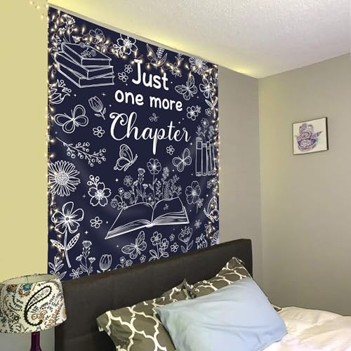 SVBright Navy Blue Reading Tapestry 51Wx59H Inch Book Lovers Wall Hanging Boho Floral Flower Fabric Butterfly Minimalist Modern Simple Line Sketch Home Decor Art for Living Room Bedroom Dorm - color: Navy Blue Wildflower, size: 59"L x 51"W