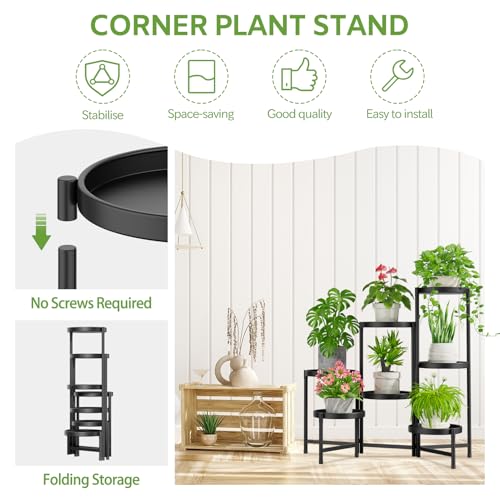 iDavosic.ly 7 Tier Large Plant Stand Indoor with 10 Inch Wide Tray, Tiered Corner Metal Outdoor Flower Display Holder Shelf, Folding Tall Rack for Patio Porch Living Room, Modern Black - color: Black, size: 7 Tiers