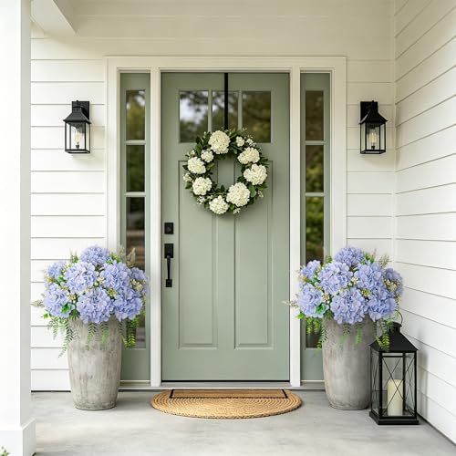 Ammyoo 8 Pcs Artificial Hydrangea Flowers Silk Blue Fake Flower with Eucalyptus for Outdoor Decorations UV Resistant Realistic Faux Plants for Garden Porch Window Box Indoor Table Decor - color: Blue