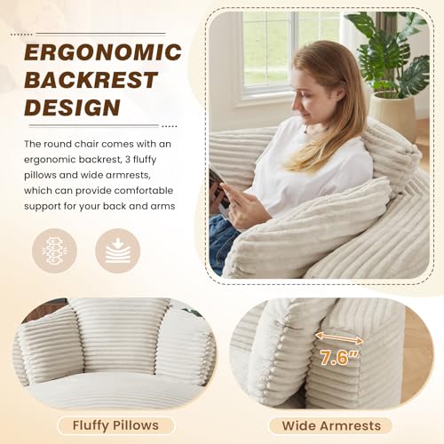 48"W Oversized Round Chaise Longue Chair Indoor,Corduroy Fluffy Comfy Cloud Chair,Circle Bean Bag Sofa with Foam Filling & Pillows,Boneless Reading Cozy Sofa Chairs for Living Room,Bedroom,White - color: White