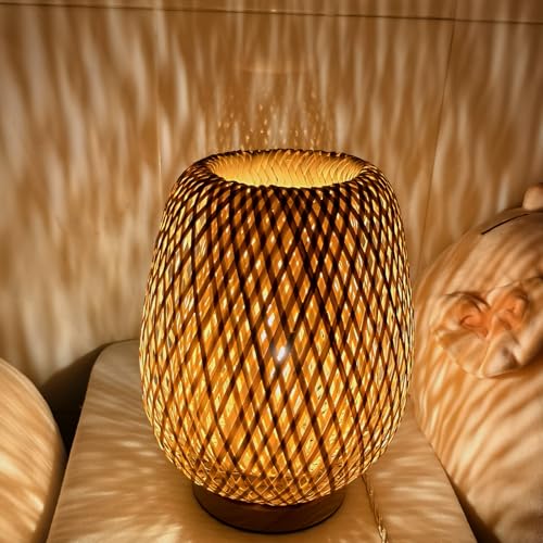 Boho Table Lamp - Small Lamps for Bedroom, Wicker lamp, Rattan Lamp, Boho Bamboo Woven Table Lamp for Bedroom Living Room Desk, 2700K T45 LED Bulb Included