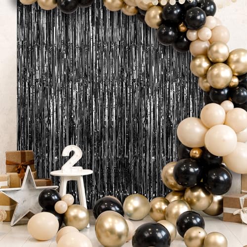2 Pack Fringe Curtains Backdrops, Foil Fringe Curtains, Door Streamers for Birthday Wedding Bridal Shower Holiday Graduation Party Decorations, Photo Booth Backdrops, Black - color: Black