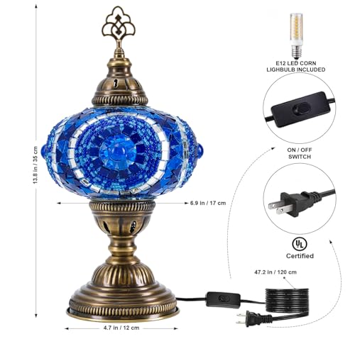 Turkish Lamp, Mosaic Table Lamp, Antique Moroccan Decorative Glass Bohemian Vintage Lamp Shade, Small Desk Tiffany Bedside Stained Glass Lamp with US Plug and E12 Socket - color: Blue-2