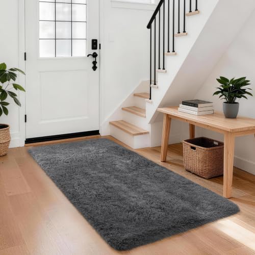Ophanie Runner Rug for Hallway, 3x6 Washable Non-Slip Fluffy Soft Bedside Rugs, Bedroom Living Room Shaggy Carpet for Kids Girls Boys Dorm Nursery Decor Aesthetic, Grey with Over 99 pcs Pile fibers - color: 1- Grey, size: 3' x 6' (Rectangular)